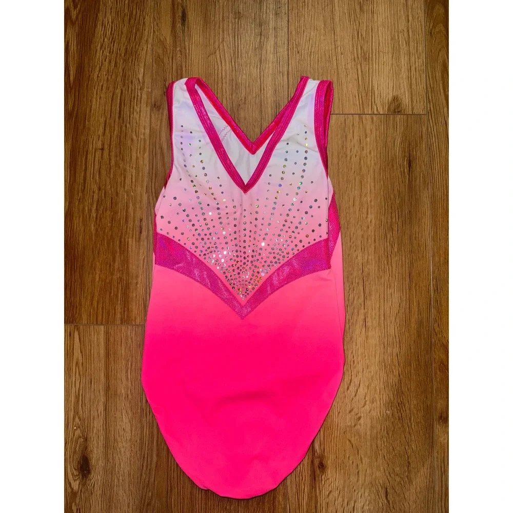 GK Elite Girls Gymnastics Leotard Pink White Ombre Rhinestone Sparkle Size CM